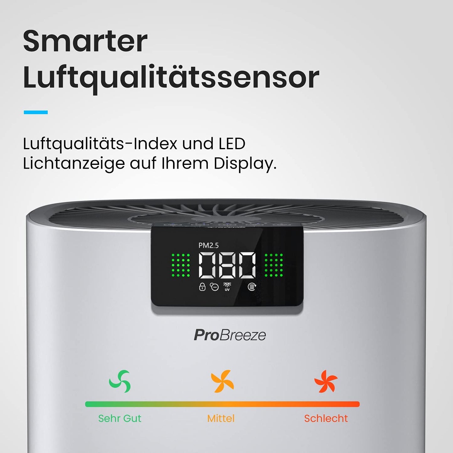 Pro Breeze Luftreiniger HEPA 13 mit UV-C, Ionisierer & Aktivkohlefilter, CADR 460 m³/h, Luftqualitätsmesser, bis 140 m², 99,95% Filterleistung