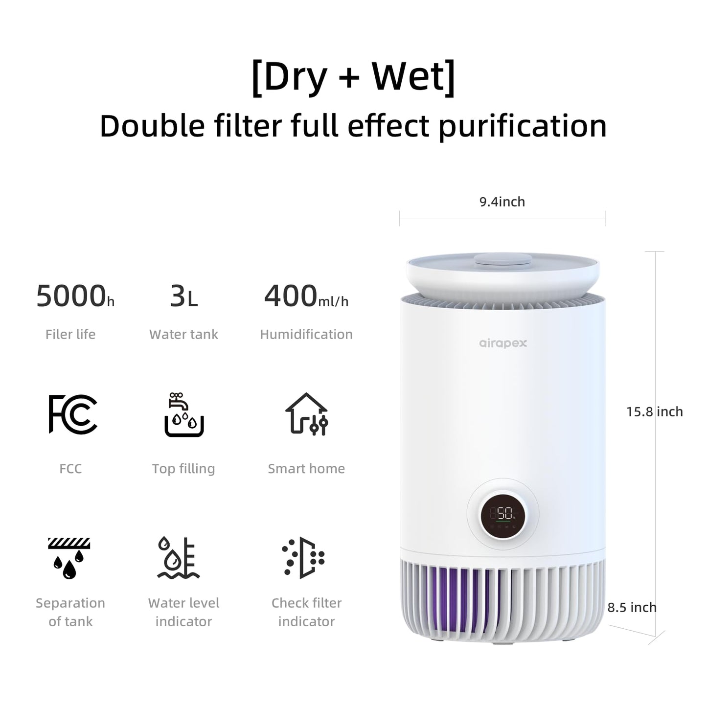 2-in-1 Luftreiniger & Luftbefeuchter mit waschbarem T-Filter, H13 HEPA, Smart Sensor