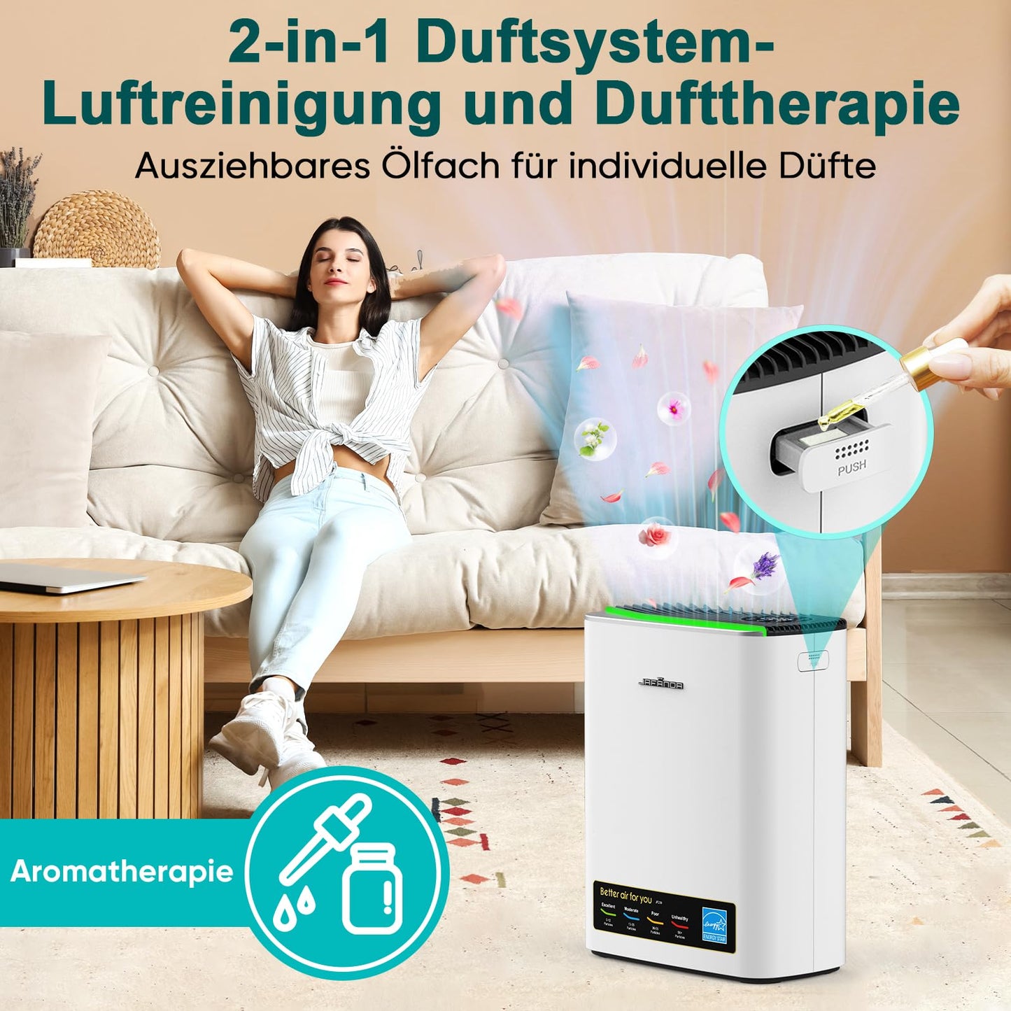 Jafända HEPA Luftreiniger für Allergiker, mit Aromatherapie & Aktivkohlefilter, entfernt 99,97% Schadstoffe, CADR 268 m³/h – Silber