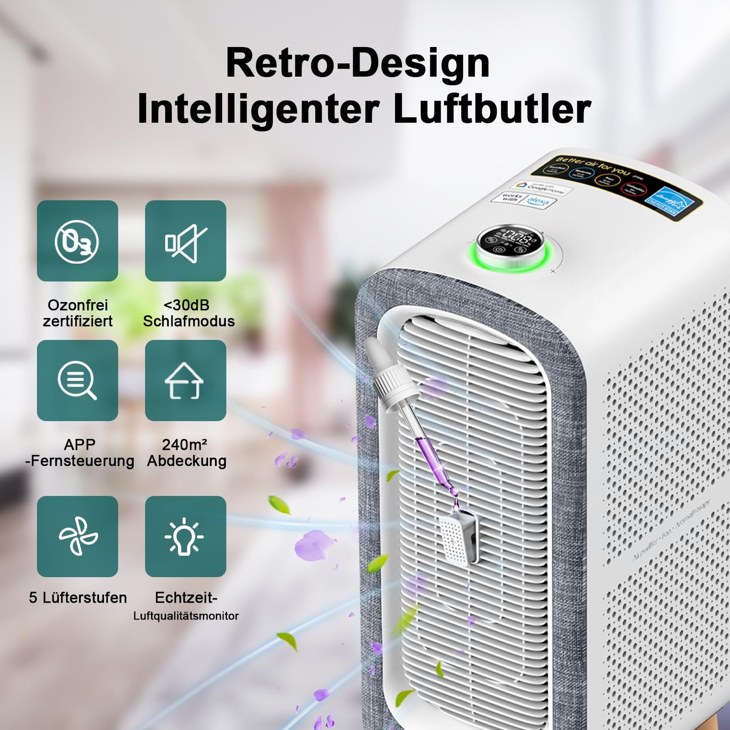 Jafända Luftreiniger Allergiker mit Aromatherapie, HEPA-Filter, 460 m³/h CADR, bis 240 m², Smart WiFi & leiser Nachtmodus (Grau)