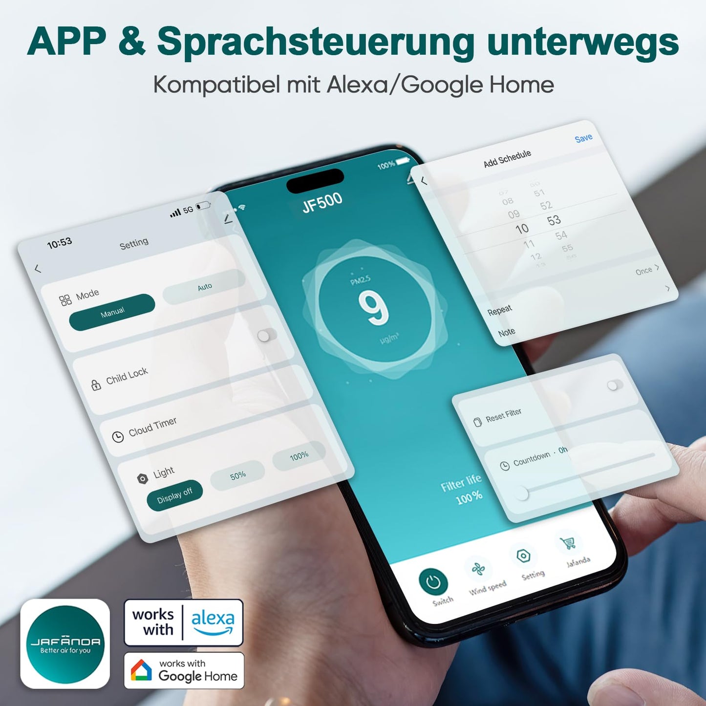 Jafända Luftreiniger Allergiker mit Aromatherapie, HEPA-Filter, 460 m³/h CADR, bis 240 m², Smart WiFi & leiser Nachtmodus (Grau)