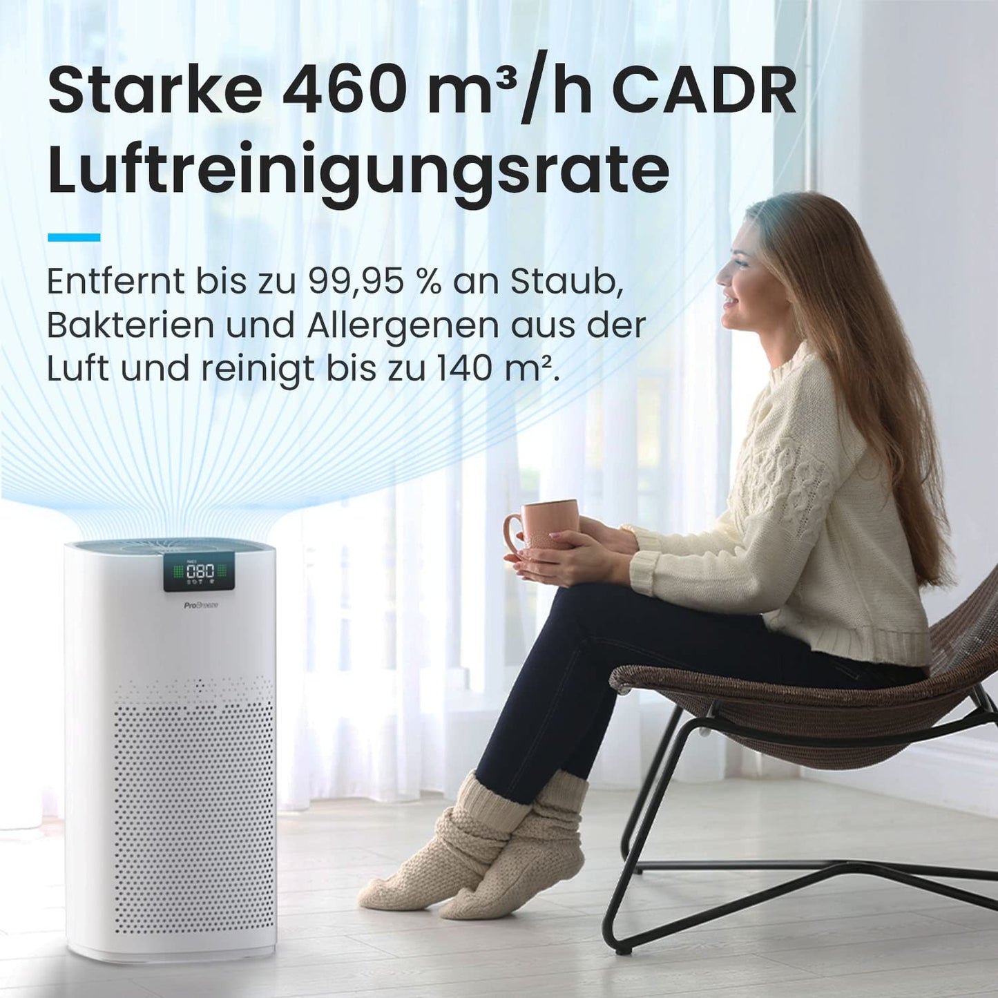 Pro Breeze Luftreiniger HEPA 13 mit UV-C, Ionisierer & Aktivkohlefilter, CADR 460 m³/h, Luftqualitätsmesser, bis 140 m², 99,95% Filterleistung
