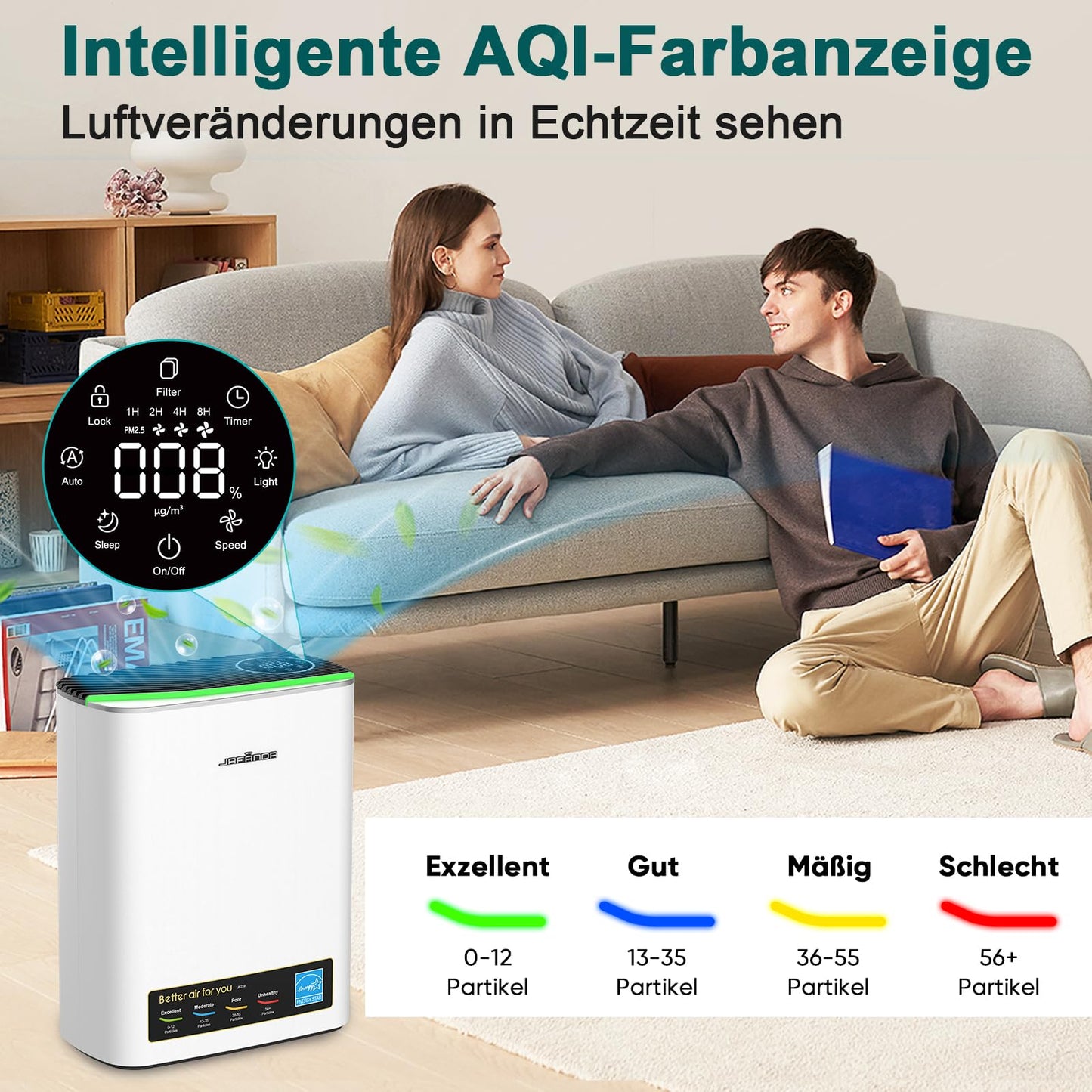 Jafända HEPA Luftreiniger für Allergiker, mit Aromatherapie & Aktivkohlefilter, entfernt 99,97% Schadstoffe, CADR 268 m³/h – Silber