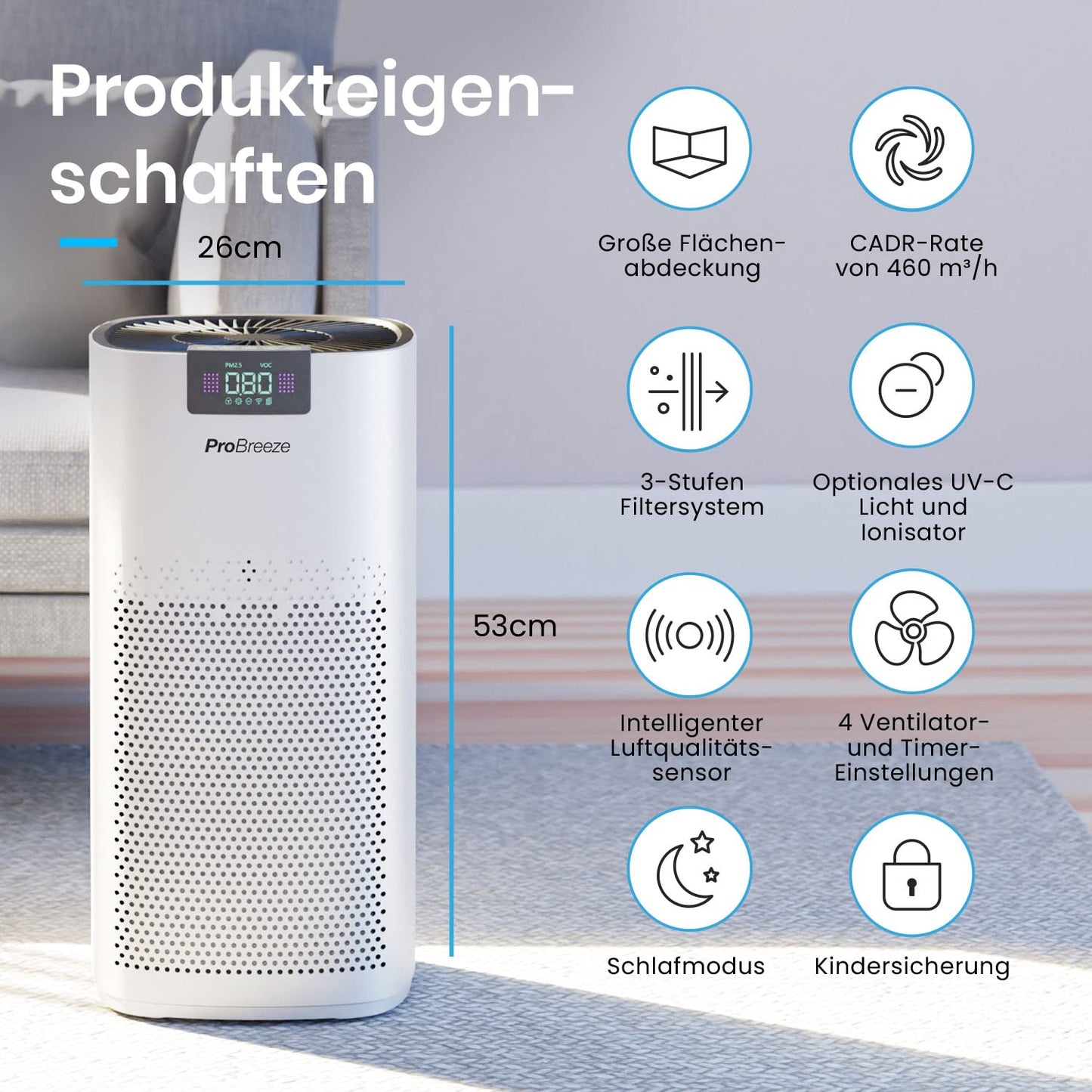 Pro Breeze Luftreiniger HEPA 13 mit UV-C, Ionisierer & Aktivkohlefilter, CADR 460 m³/h, Luftqualitätsmesser, bis 140 m², 99,95% Filterleistung