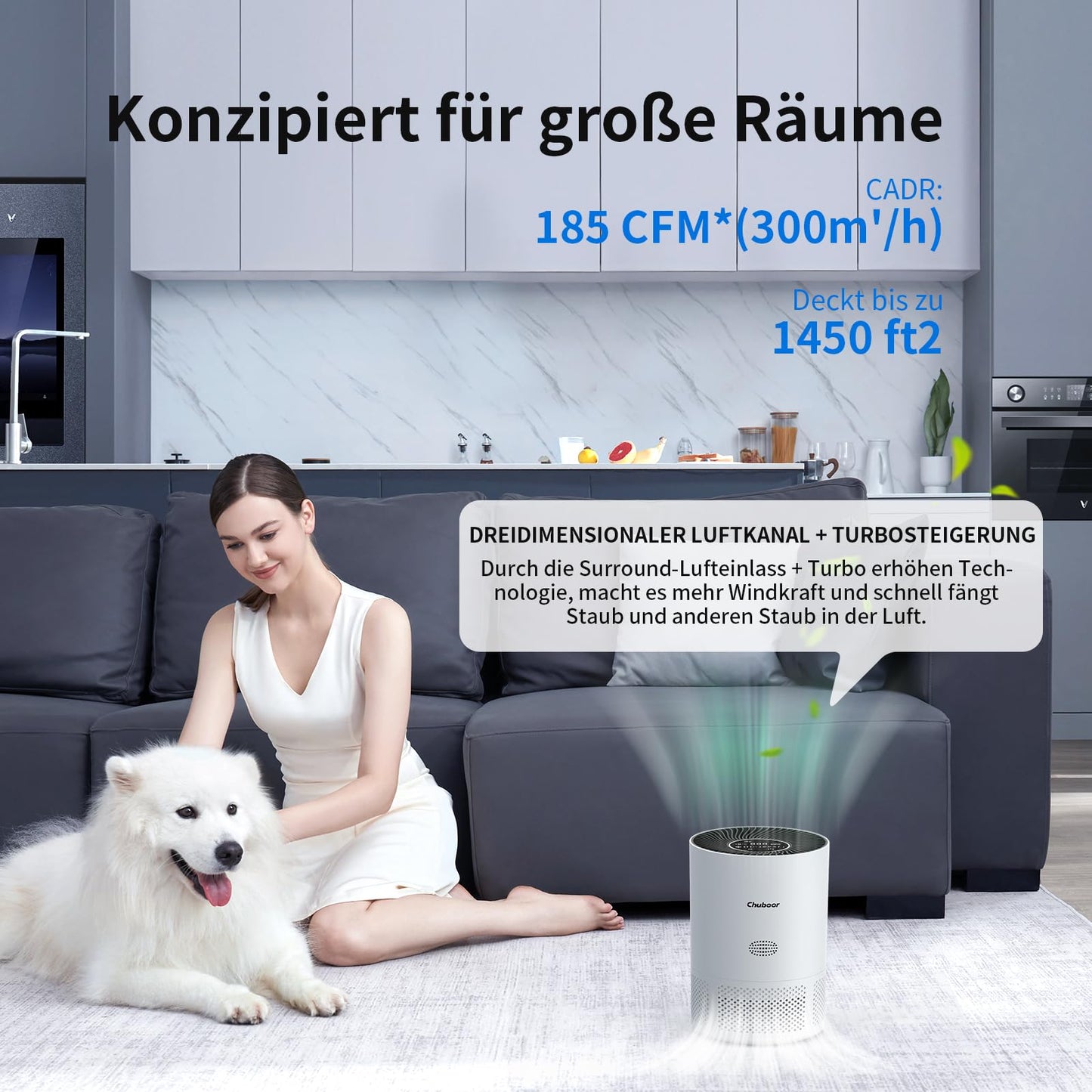 Chuboor Luftreiniger mit HEPA Filter, gegen Schimmel, Staub & Tierhaare, 185m³/h CADR, leise, Auto-Modus, bis 40m²