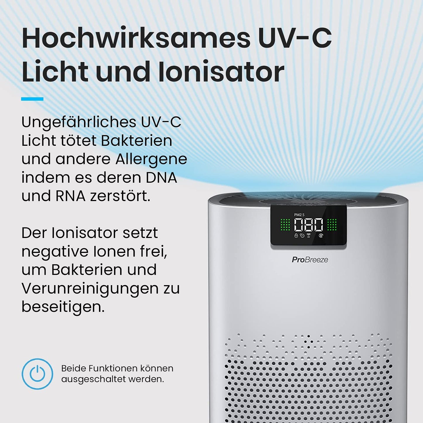 Pro Breeze Luftreiniger HEPA 13 mit UV-C, Ionisierer & Aktivkohlefilter, CADR 460 m³/h, Luftqualitätsmesser, bis 140 m², 99,95% Filterleistung