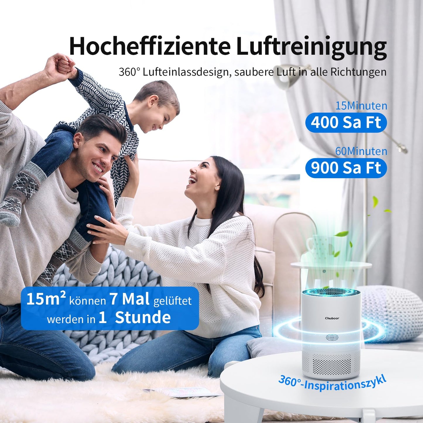 Chuboor Luftreiniger mit HEPA Filter, gegen Schimmel, Staub & Tierhaare, 185m³/h CADR, leise, Auto-Modus, bis 40m²