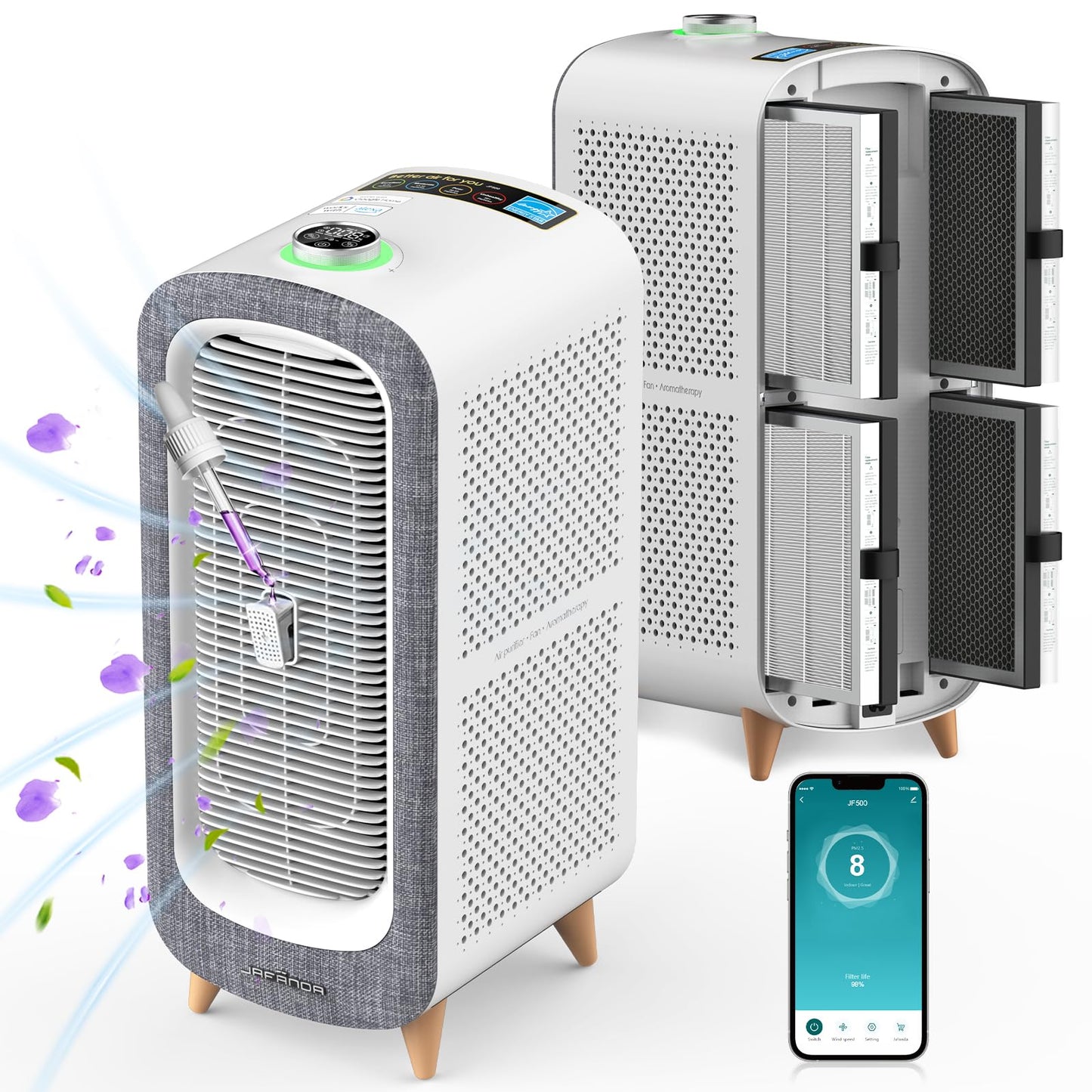 Jafända Luftreiniger Allergiker mit Aromatherapie, HEPA-Filter, 460 m³/h CADR, bis 240 m², Smart WiFi & leiser Nachtmodus (Grau)
