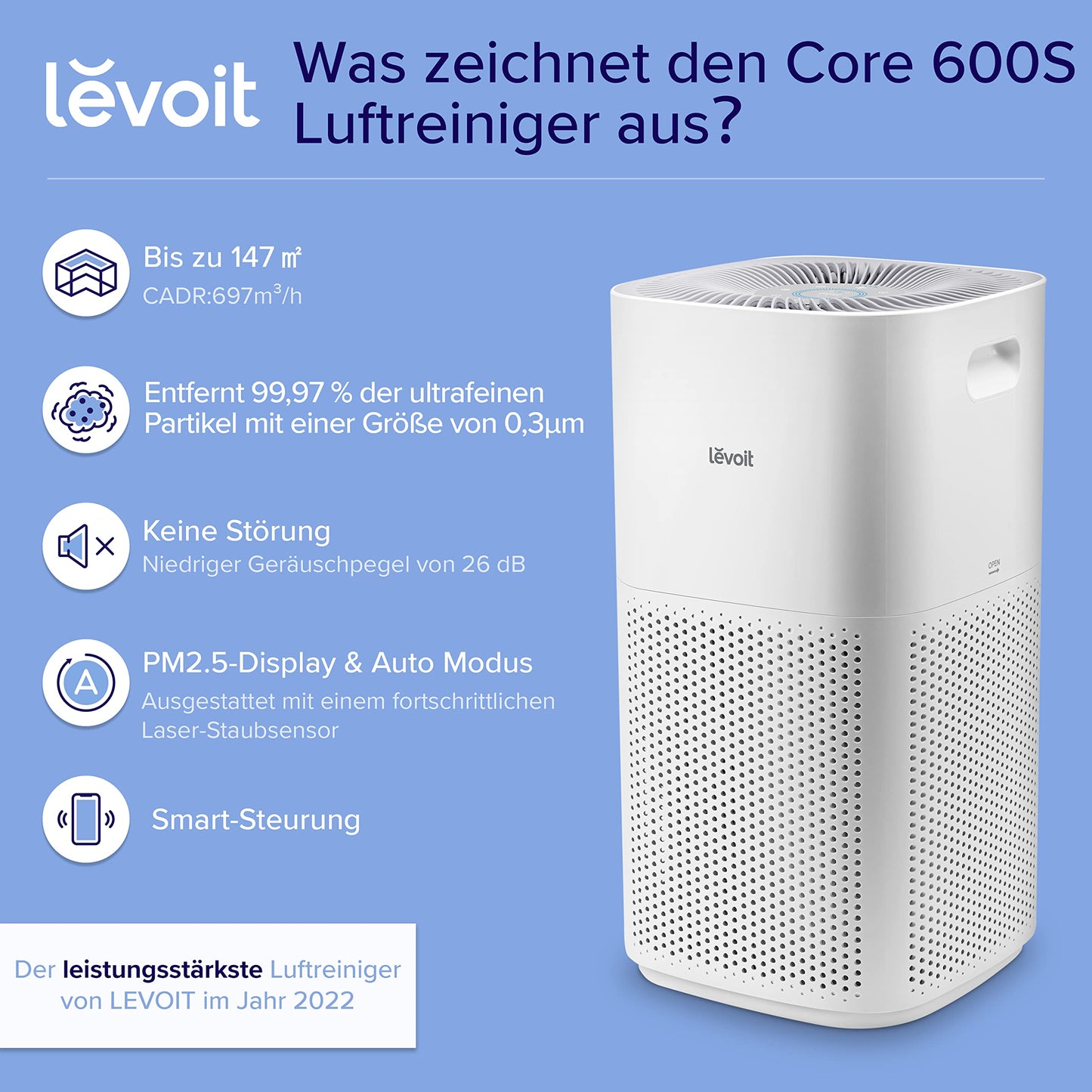 LEVOIT HEPA Luftreiniger für Raucher & Allergiker, 697 m³/h CADR, bis 147 ㎡, Auto-Modus, PM2.5-Sensor, App & Alexa-Steuerung