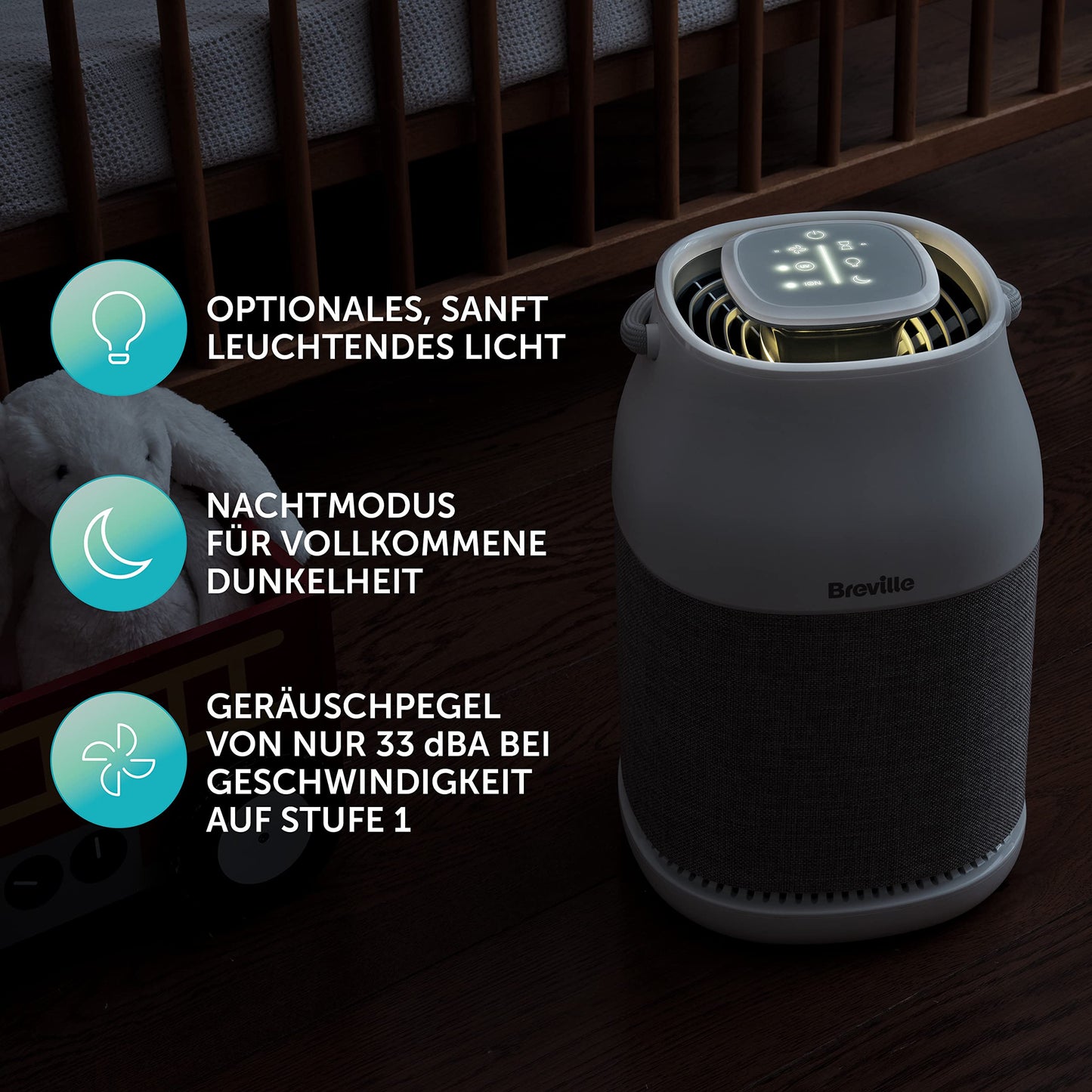 Breville 360° Light Protect Luftreiniger, leise, H13 True HEPA, entfernt 99,97% Staub, Rauch & Pollen, 3 Geschwindigkeiten, Nachtmodus, Touch