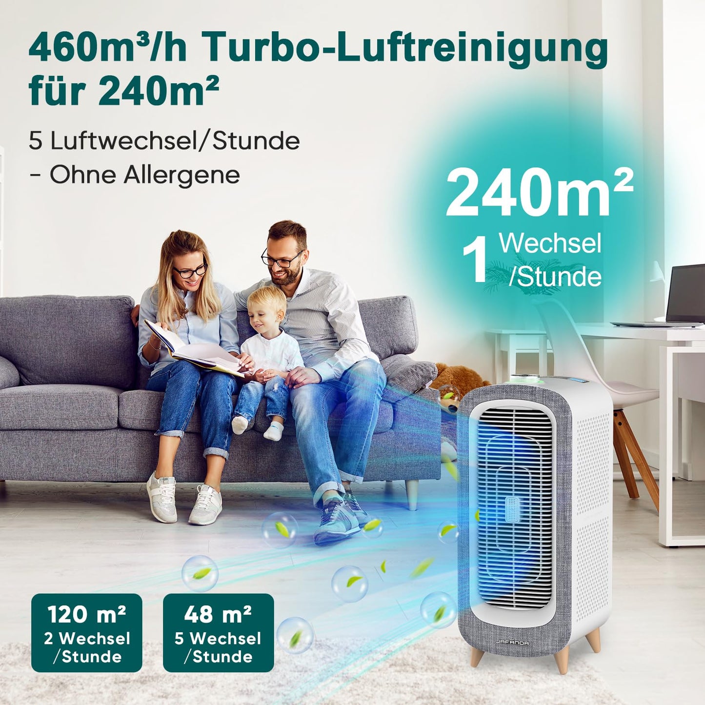 Jafända Luftreiniger Allergiker mit Aromatherapie, HEPA-Filter, 460 m³/h CADR, bis 240 m², Smart WiFi & leiser Nachtmodus (Grau)