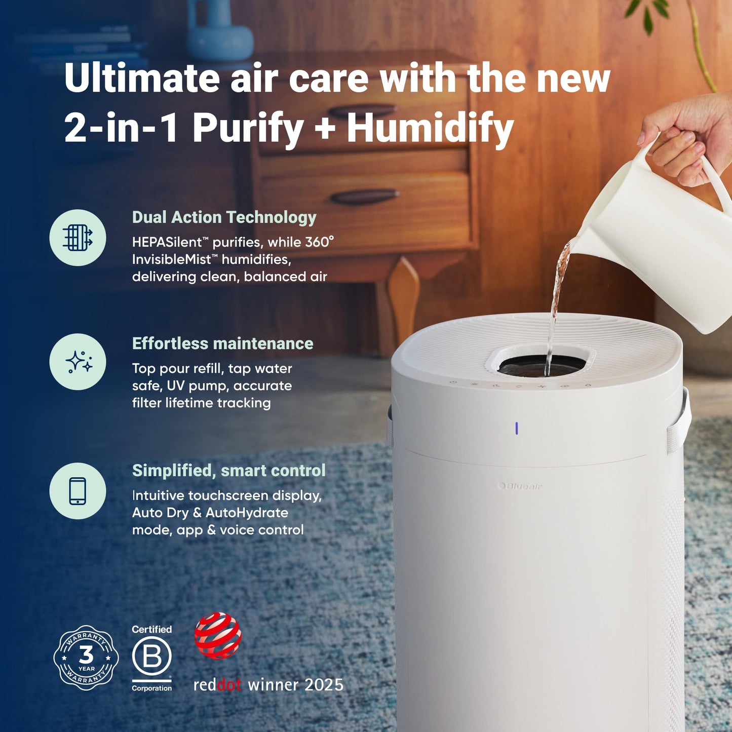 BLUEAIR 2-in-1 Luftreiniger & Luftbefeuchter mit HEPASilent™ & 360° InvisibleMist™, für 1.726 m² in 60 Min, Top Pour Design