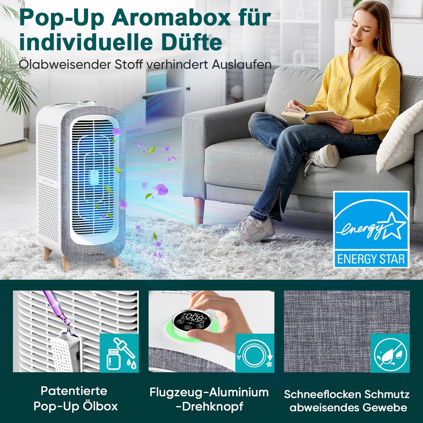 Jafända Luftreiniger Allergiker mit Aromatherapie, HEPA-Filter, 460 m³/h CADR, bis 240 m², Smart WiFi & leiser Nachtmodus (Grau)