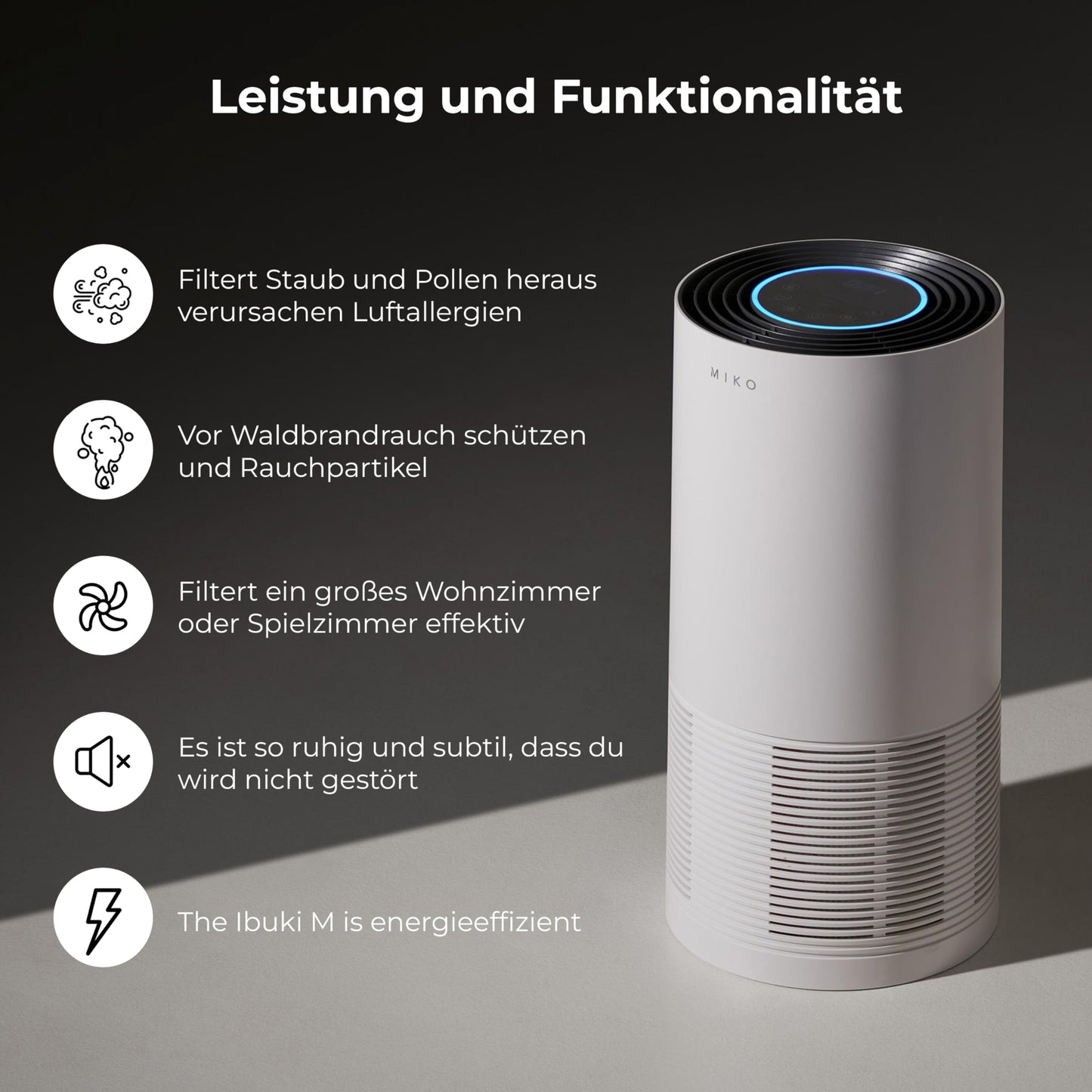 Miko Luftreiniger für Zuhause, H13 HEPA mit PM2.5 Sensor, Auto-Modus, 4 Stufen, 135 m² Abdeckung – entfernt 99,97% Pollen, Staub, Rauch