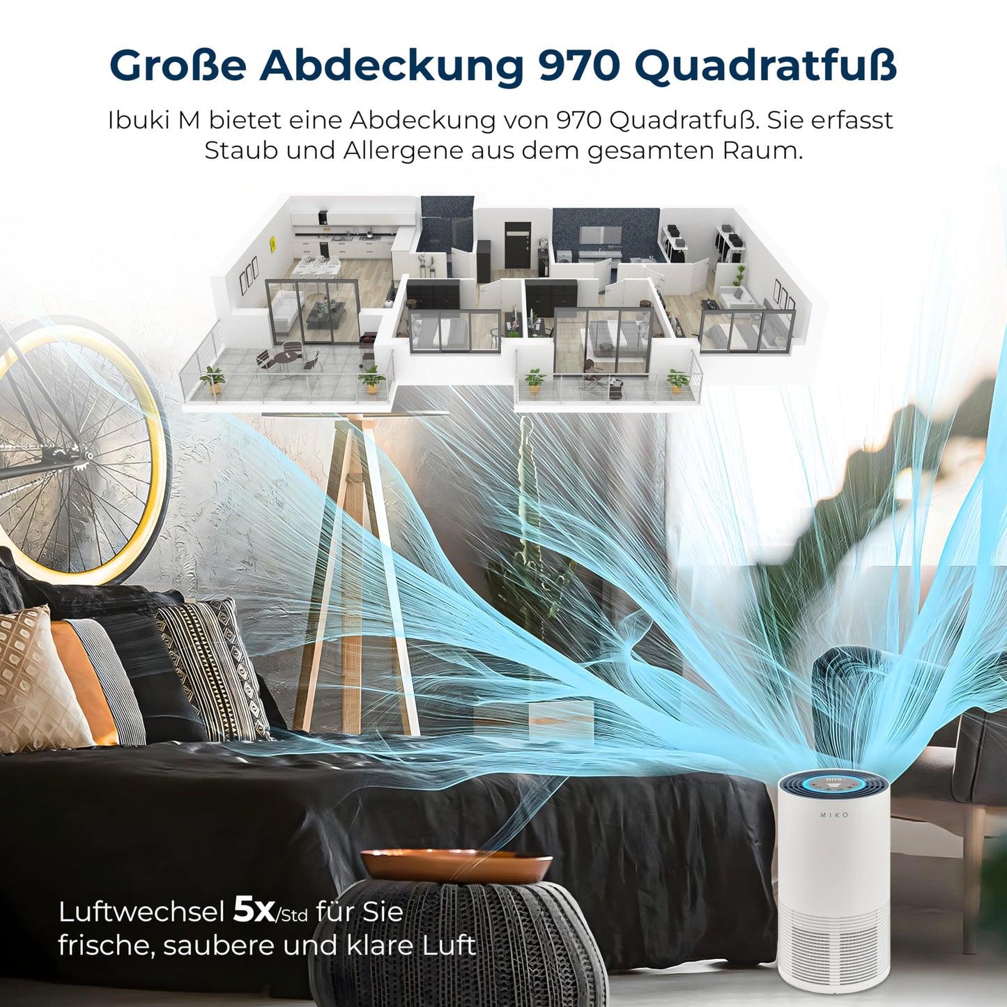 Miko Luftreiniger für Zuhause, H13 HEPA mit PM2.5 Sensor, Auto-Modus, 4 Stufen, 135 m² Abdeckung – entfernt 99,97% Pollen, Staub, Rauch