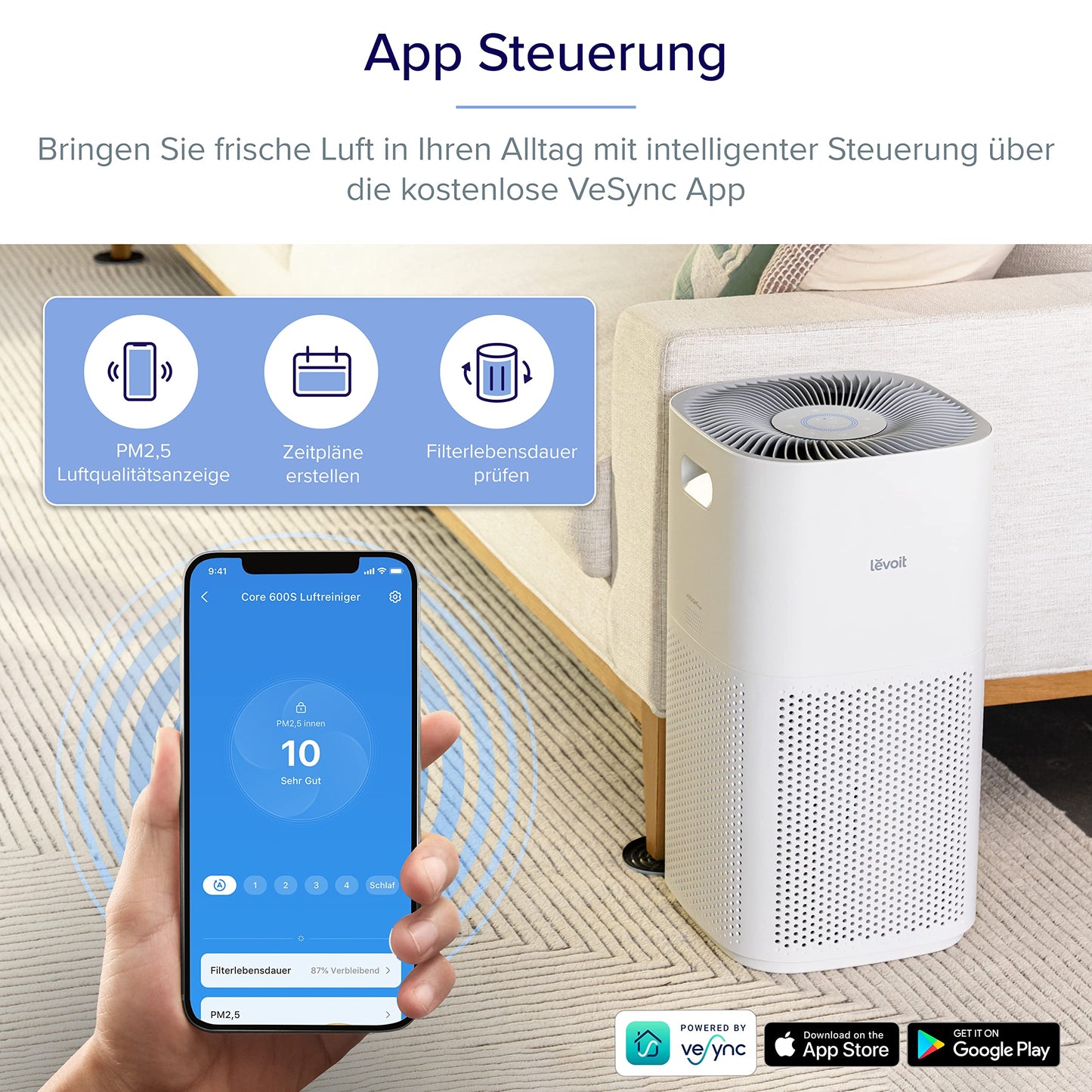 LEVOIT HEPA Luftreiniger für Raucher & Allergiker, 697 m³/h CADR, bis 147 ㎡, Auto-Modus, PM2.5-Sensor, App & Alexa-Steuerung