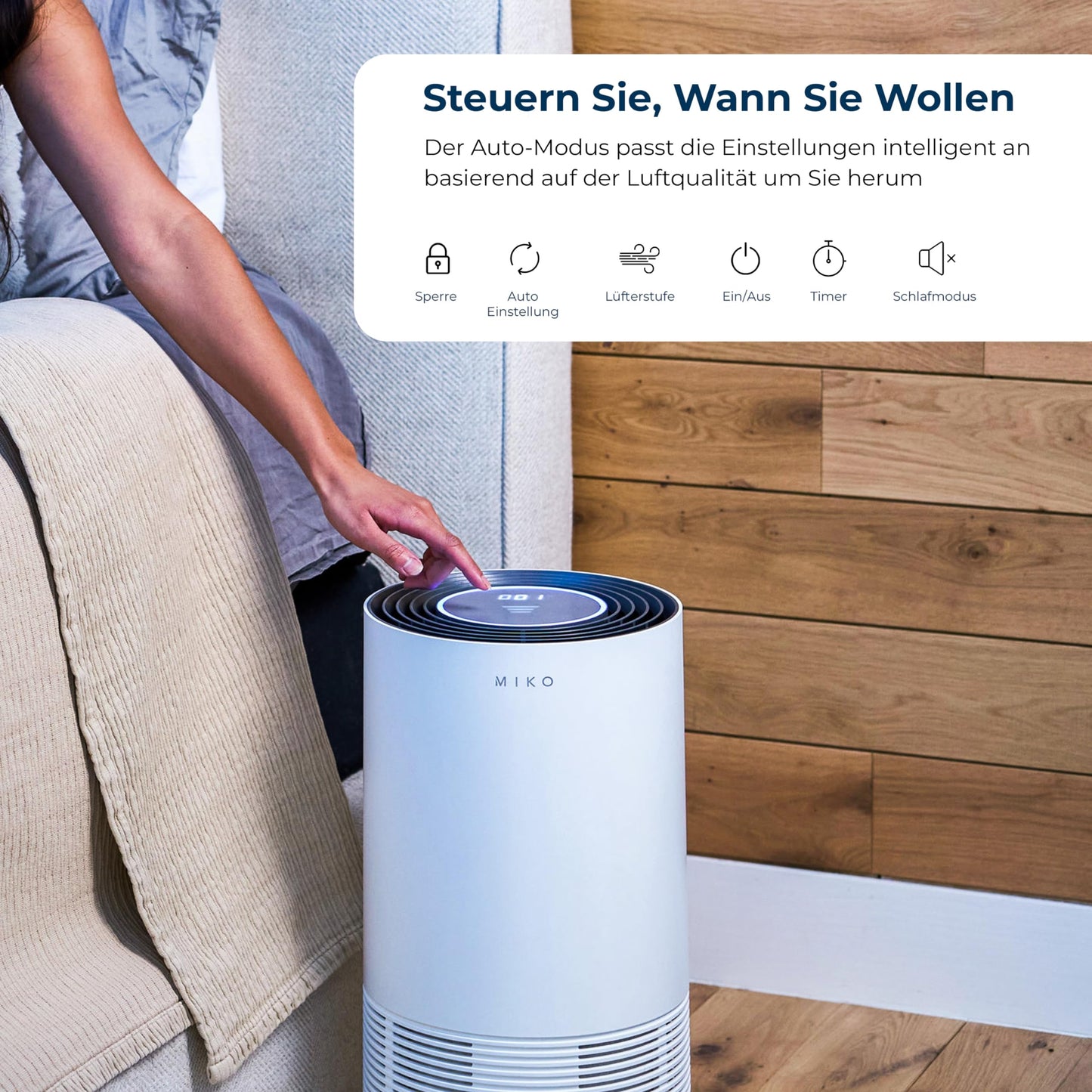Miko Luftreiniger für Zuhause, H13 HEPA mit PM2.5 Sensor, Auto-Modus, 4 Stufen, 135 m² Abdeckung – entfernt 99,97% Pollen, Staub, Rauch