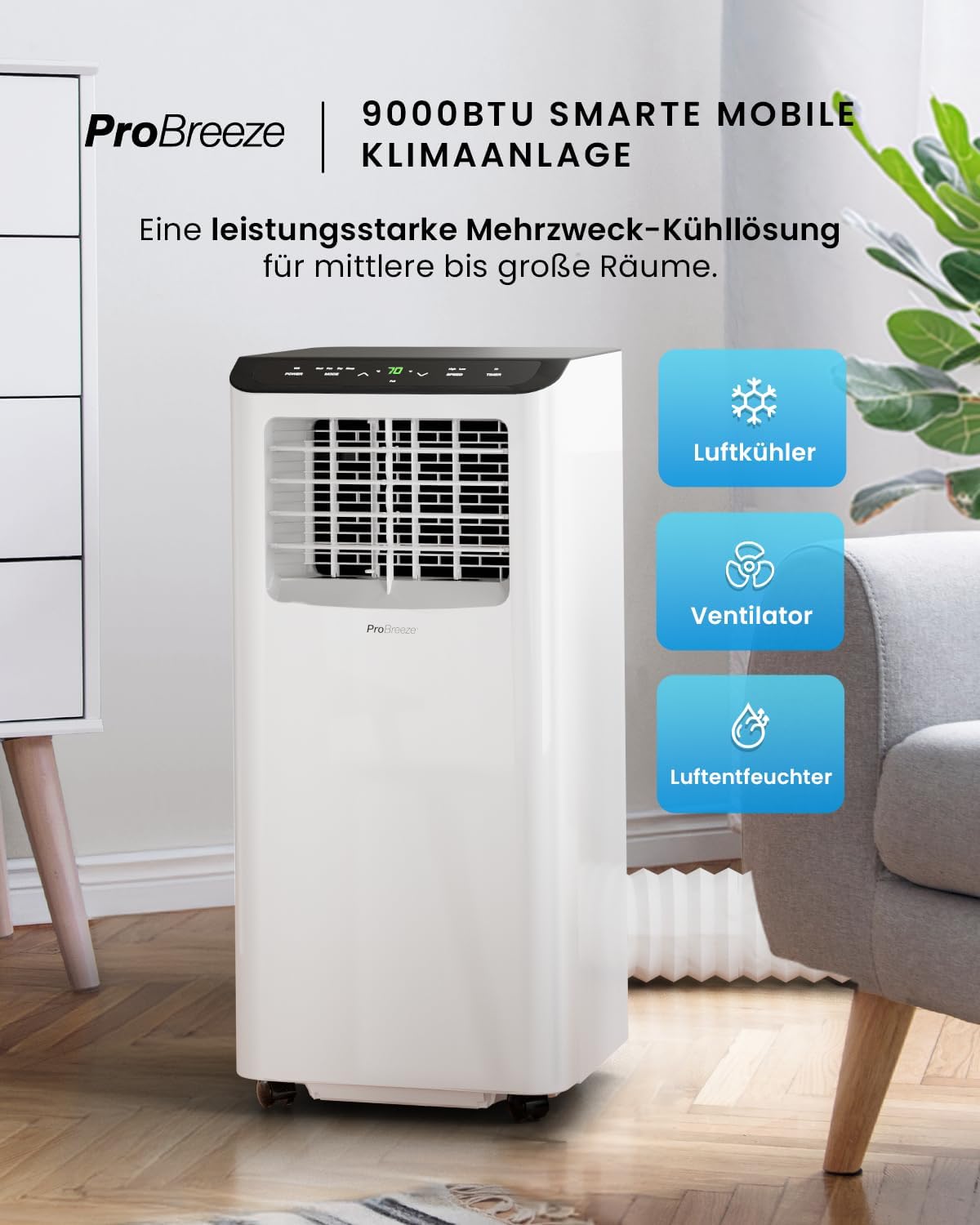 Pro Breeze™ 4-in-1 Mobile Klimaanlage mit 9000 BTU - Luftkühler, Ventilator, Luftentfeuchter, Nachtmodus - Klimagerät mit Energieklasse A, Fensterabdichtung Set, Fernbedienung und 24h Timer