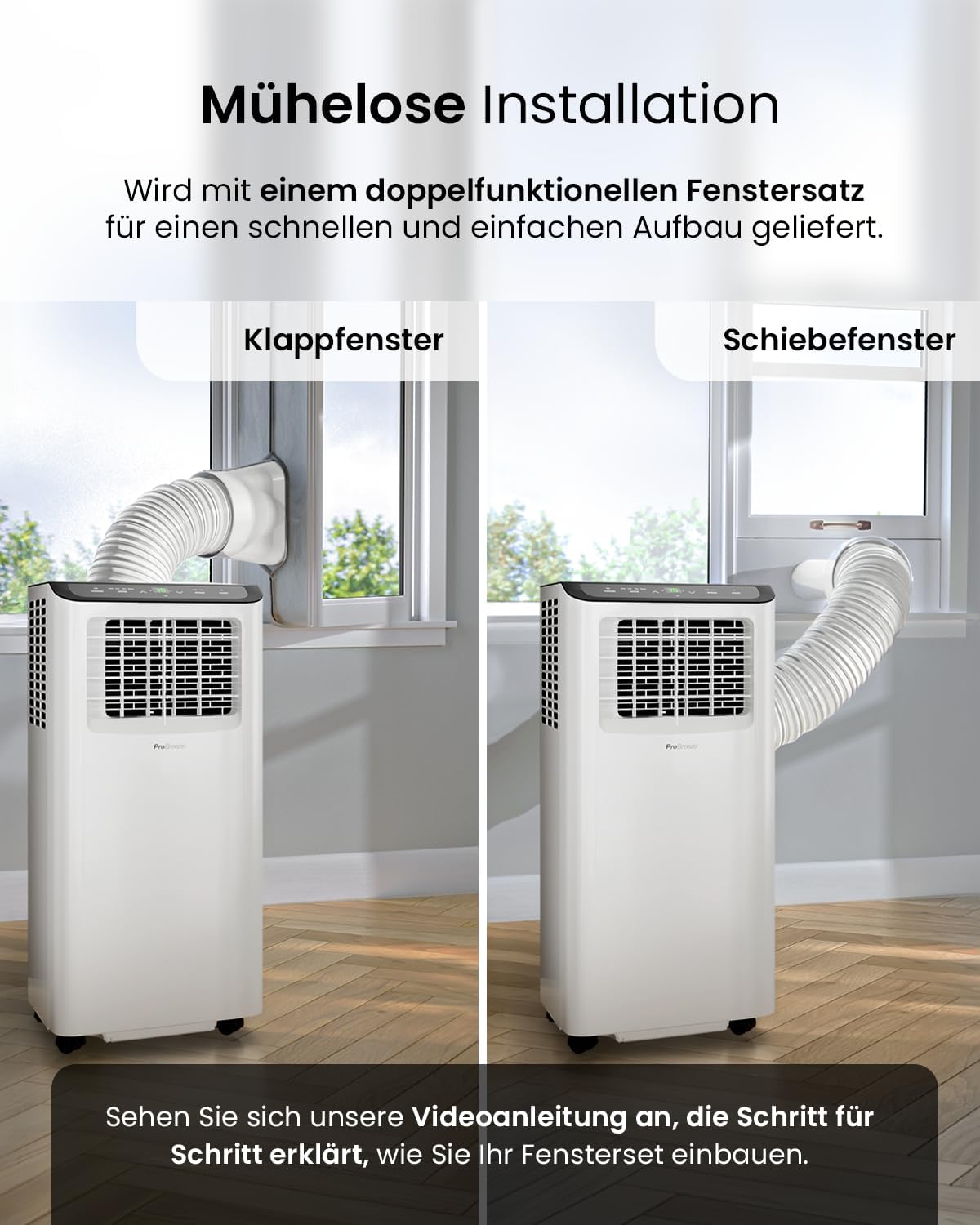 Pro Breeze™ 4-in-1 Mobile Klimaanlage mit 9000 BTU - Luftkühler, Ventilator, Luftentfeuchter, Nachtmodus - Klimagerät mit Energieklasse A, Fensterabdichtung Set, Fernbedienung und 24h Timer