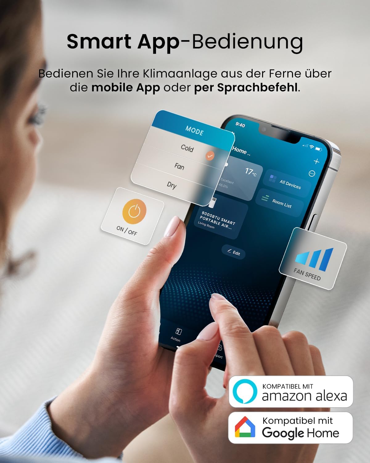 Pro Breeze™ 4-in-1 Mobile Klimaanlage mit 9000 BTU - Luftkühler, Ventilator, Luftentfeuchter, Nachtmodus - Klimagerät mit Energieklasse A, Fensterabdichtung Set, Fernbedienung und 24h Timer