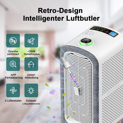 Jafända Luftreiniger Allergiker mit Aromatherapie, HEPA-Filter, 460 m³/h CADR, bis 240 m², Smart WiFi & leiser Nachtmodus (Grau)