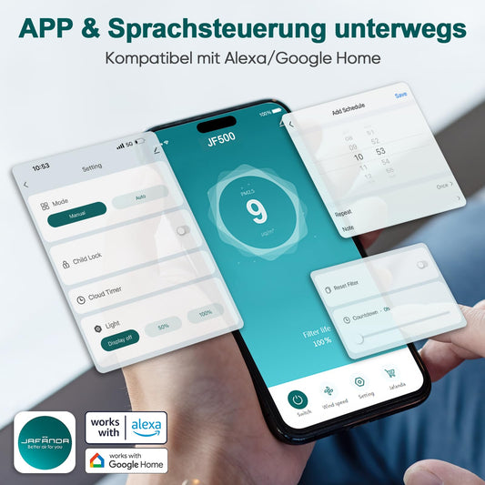 Jafända Luftreiniger Allergiker mit Aromatherapie, HEPA-Filter, 460 m³/h CADR, bis 240 m², Smart WiFi & leiser Nachtmodus (Grau)
