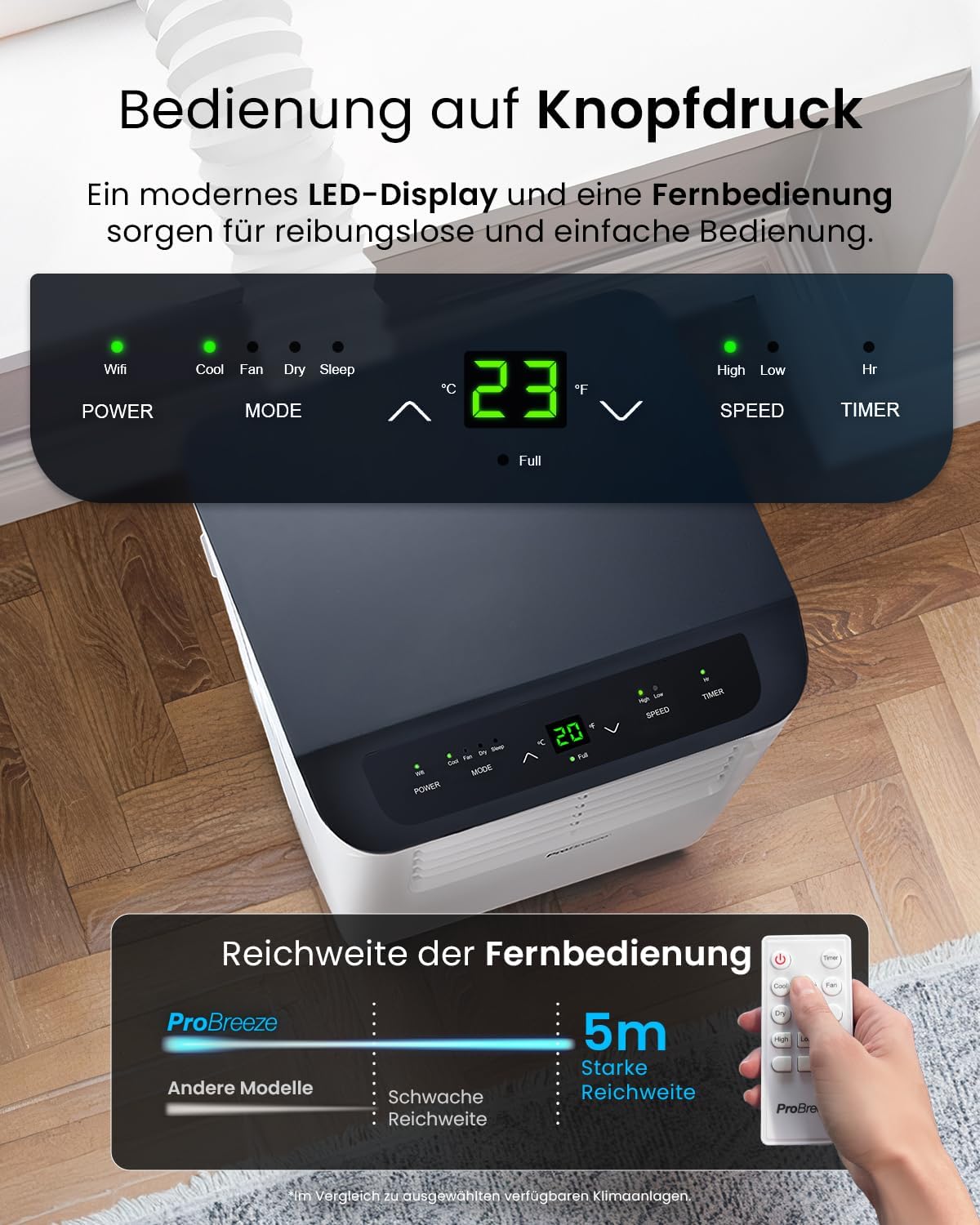 Pro Breeze™ 4-in-1 Mobile Klimaanlage mit 9000 BTU - Luftkühler, Ventilator, Luftentfeuchter, Nachtmodus - Klimagerät mit Energieklasse A, Fensterabdichtung Set, Fernbedienung und 24h Timer