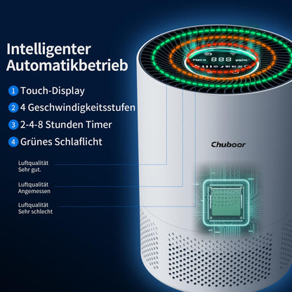 Chuboor Luftreiniger mit HEPA Filter, gegen Schimmel, Staub & Tierhaare, 185m³/h CADR, leise, Auto-Modus, bis 40m²