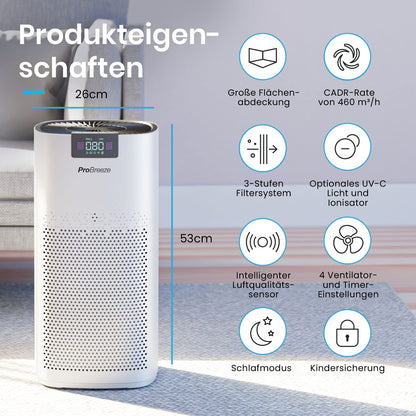 Pro Breeze Luftreiniger HEPA 13 mit UV-C, Ionisierer & Aktivkohlefilter, CADR 460 m³/h, Luftqualitätsmesser, bis 140 m², 99,95% Filterleistung