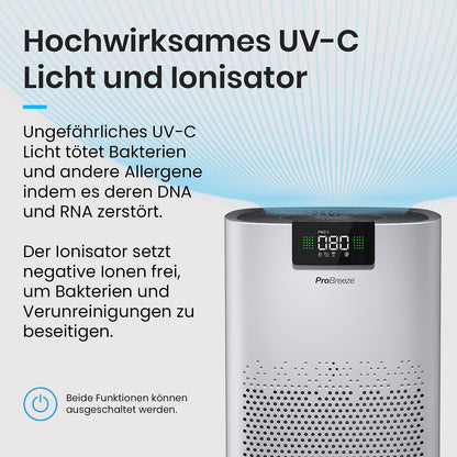 Pro Breeze Luftreiniger HEPA 13 mit UV-C, Ionisierer & Aktivkohlefilter, CADR 460 m³/h, Luftqualitätsmesser, bis 140 m², 99,95% Filterleistung